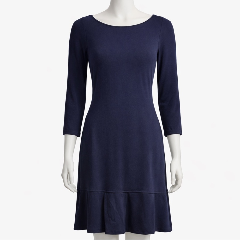 NWOT Navy dress with large pleating detail at hem.